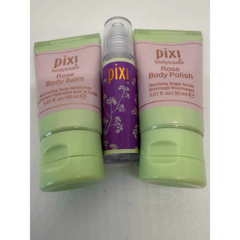 Pixi Rose Body Balm, Body Polish 1.01fl.oz Each & Glow-y Lip Oil .19oz - 3 Items